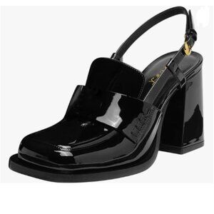 FOWT Black Platform Square Toe Loafers Chunky High Heel Slingback Slip on Pumps